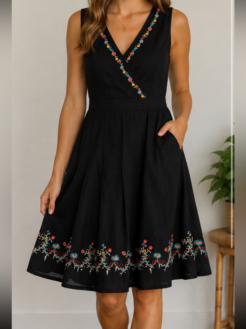 Embroidered Black Sleeveless V-Neck A-Line Midi Dress